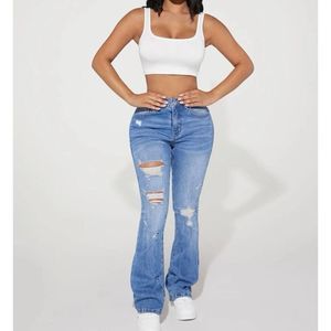 Jeans petite high waist ripped flare leg jeans